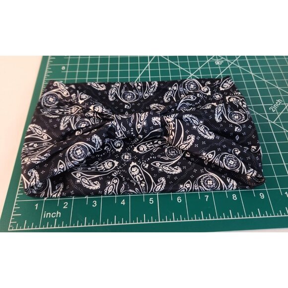 Navy Blue Paisley Knit Headwrap Hairband Soft Stretchy Headband Unisex Sweatband - Picture 5 of 5